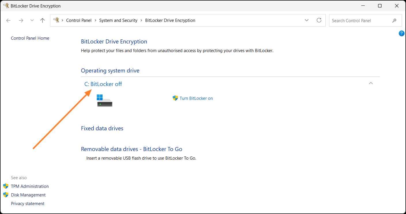 BitLocker Drive Encryption Control Panel showing BitLocker off