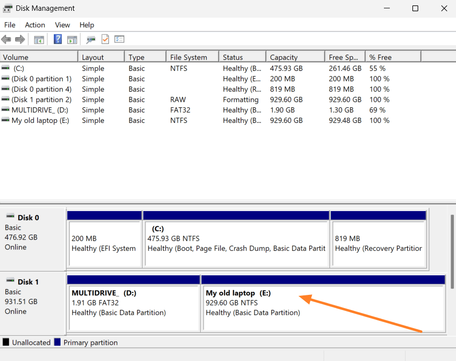 Disk Management after creating the My old laptop volume for the backup