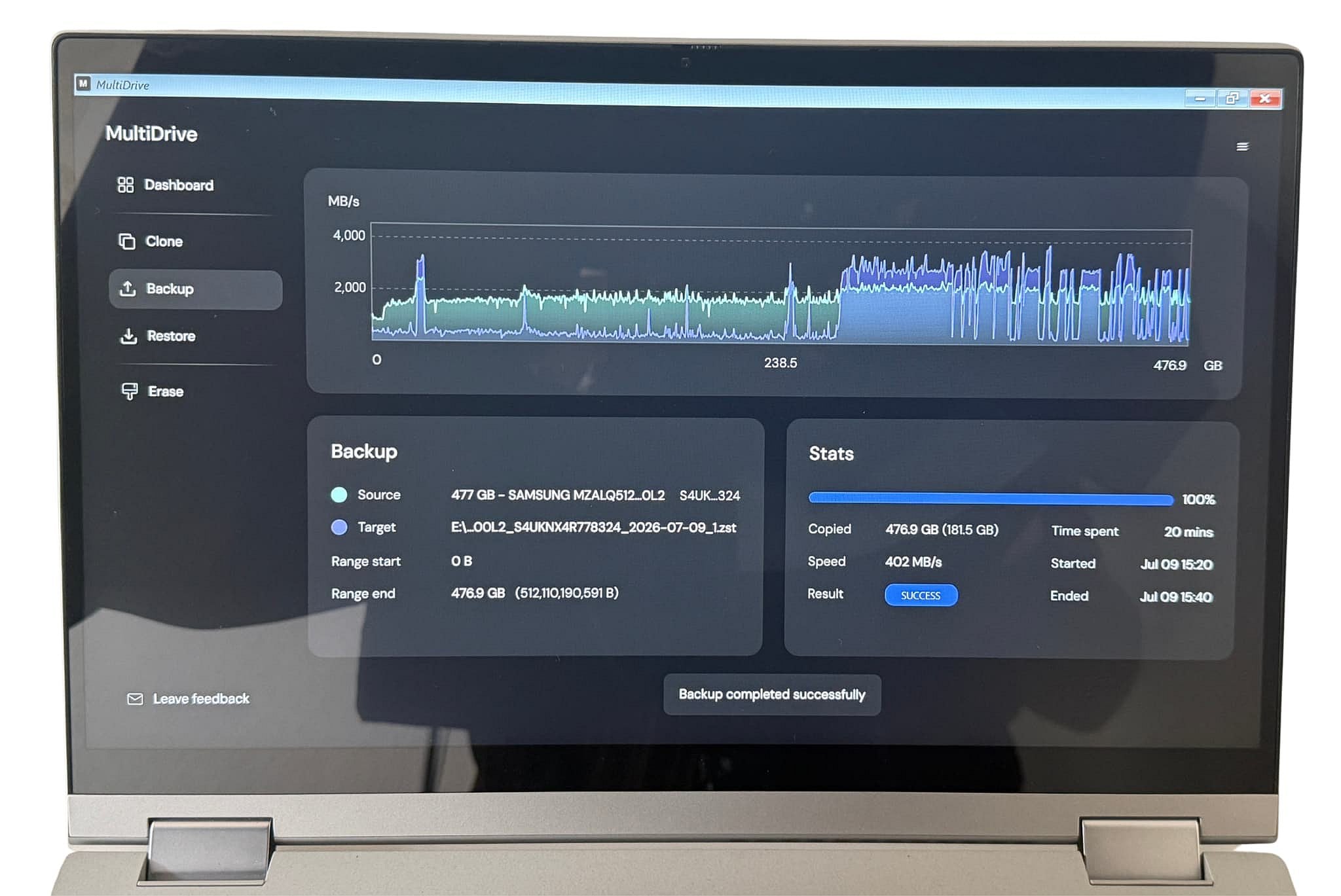 MultiDrive Backup completed successfully with Success result