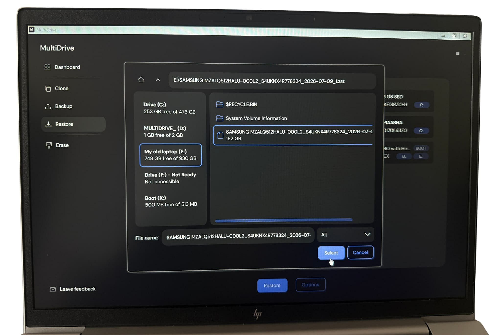 MultiDrive Restore with backup as Source and new laptop drive as Target