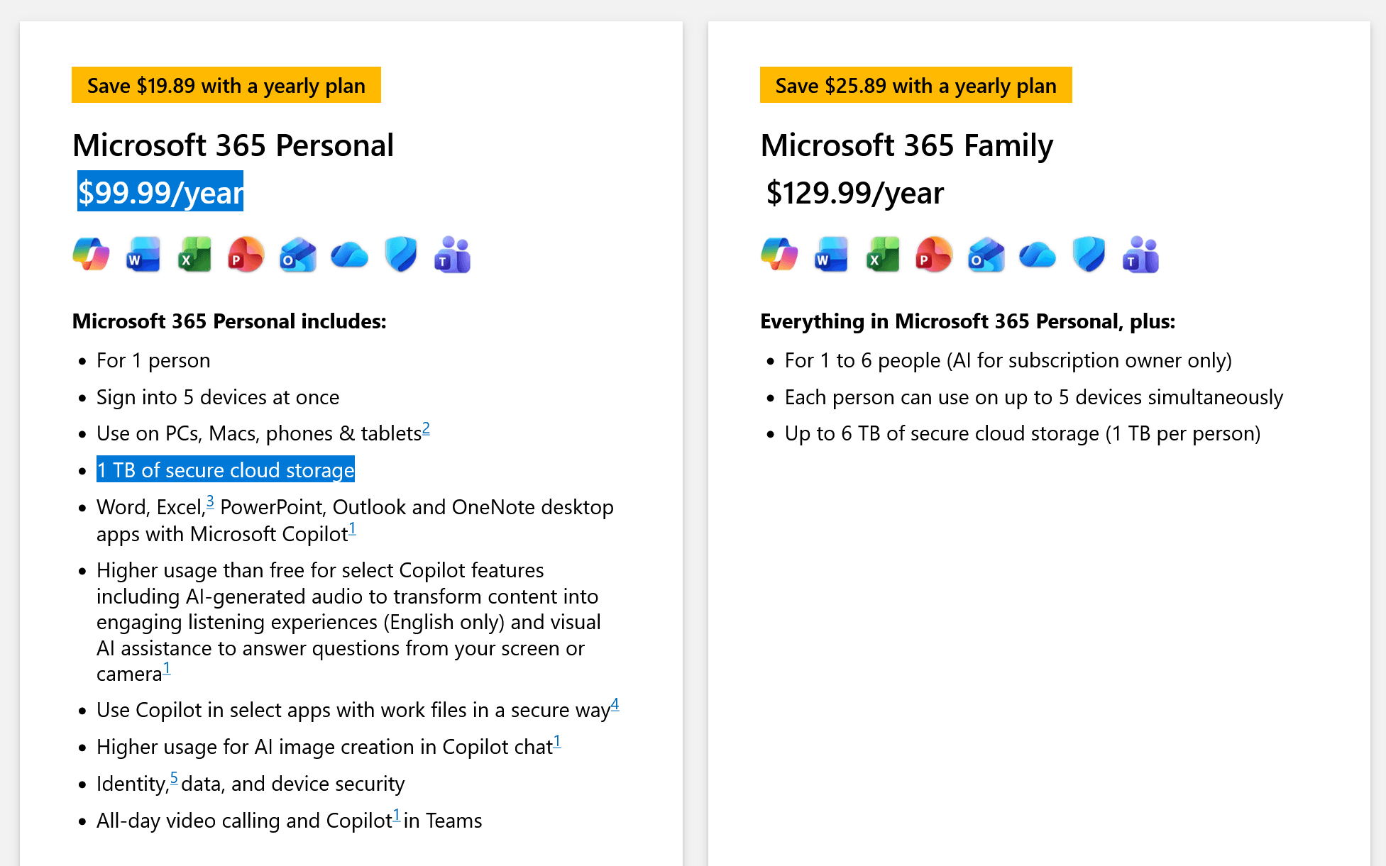 Microsoft 365 Personal pricing page showing OneDrive cloud backup subscription cost
