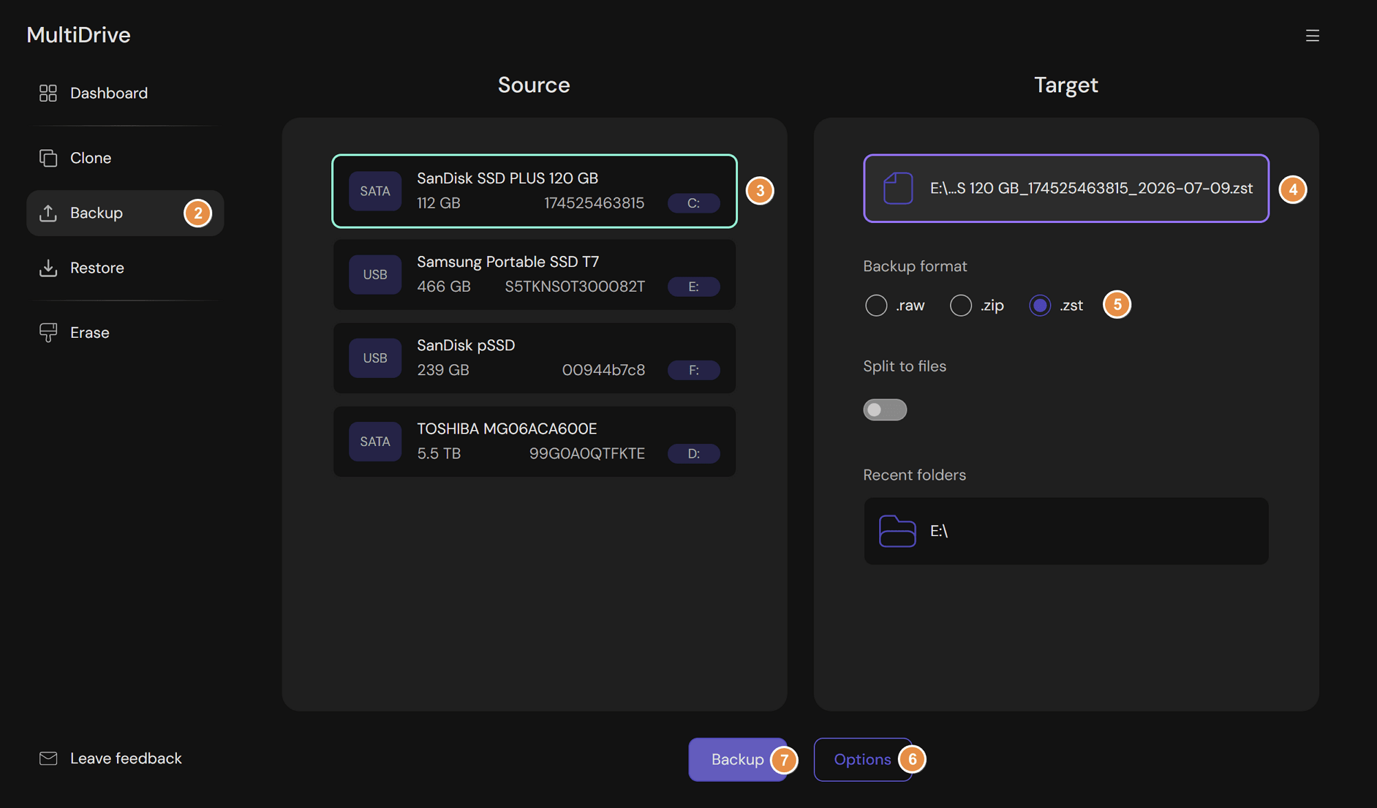 Configuring a system drive backup in MultiDrive WinPE with Source, Target, and ZSTD format selected