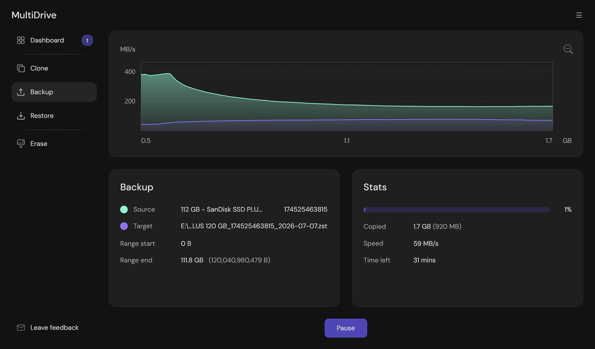 System drive backup running in MultiDrive WinPE with progress bar, speed, and time estimate