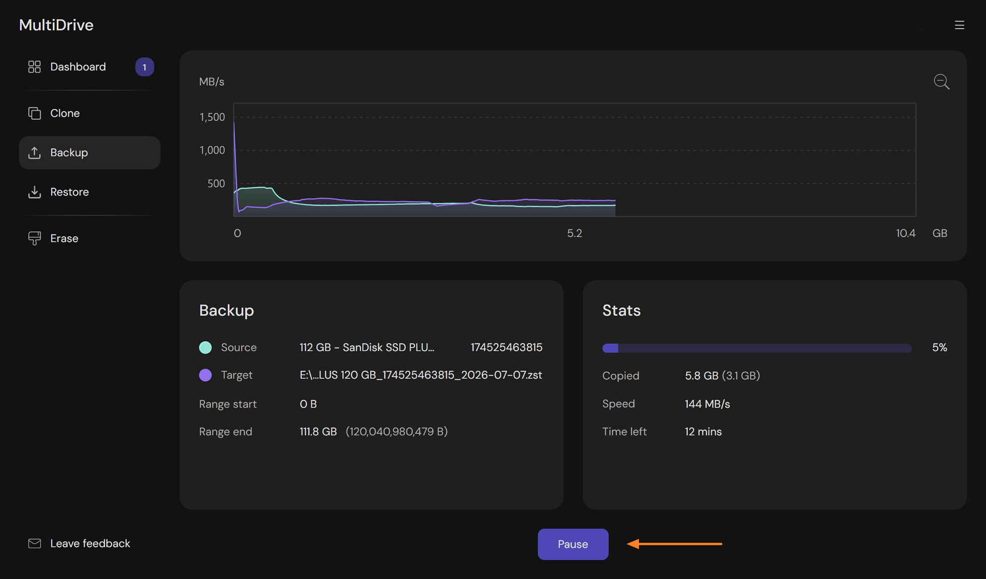 Pausing an in-progress system drive backup using the Pause button in MultiDrive WinPE