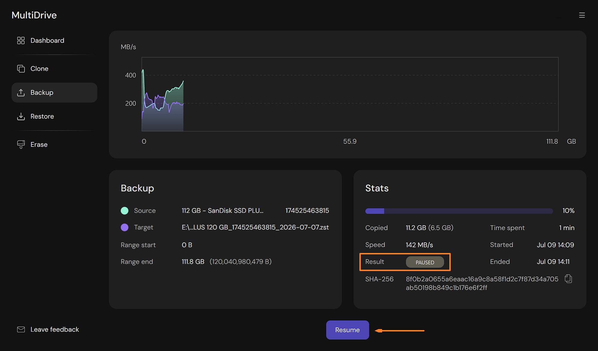 Resuming a paused system drive backup from the MultiDrive Dashboard in WinPE