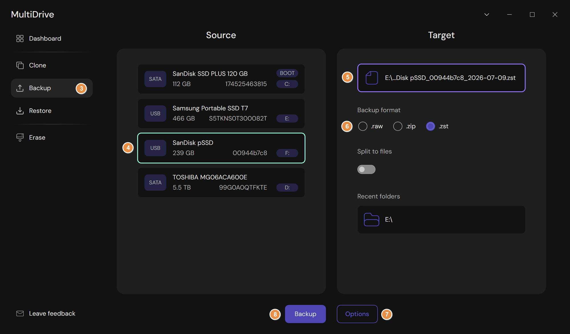 Selecting a secondary data drive as Source and an external hard drive as Target in MultiDrive