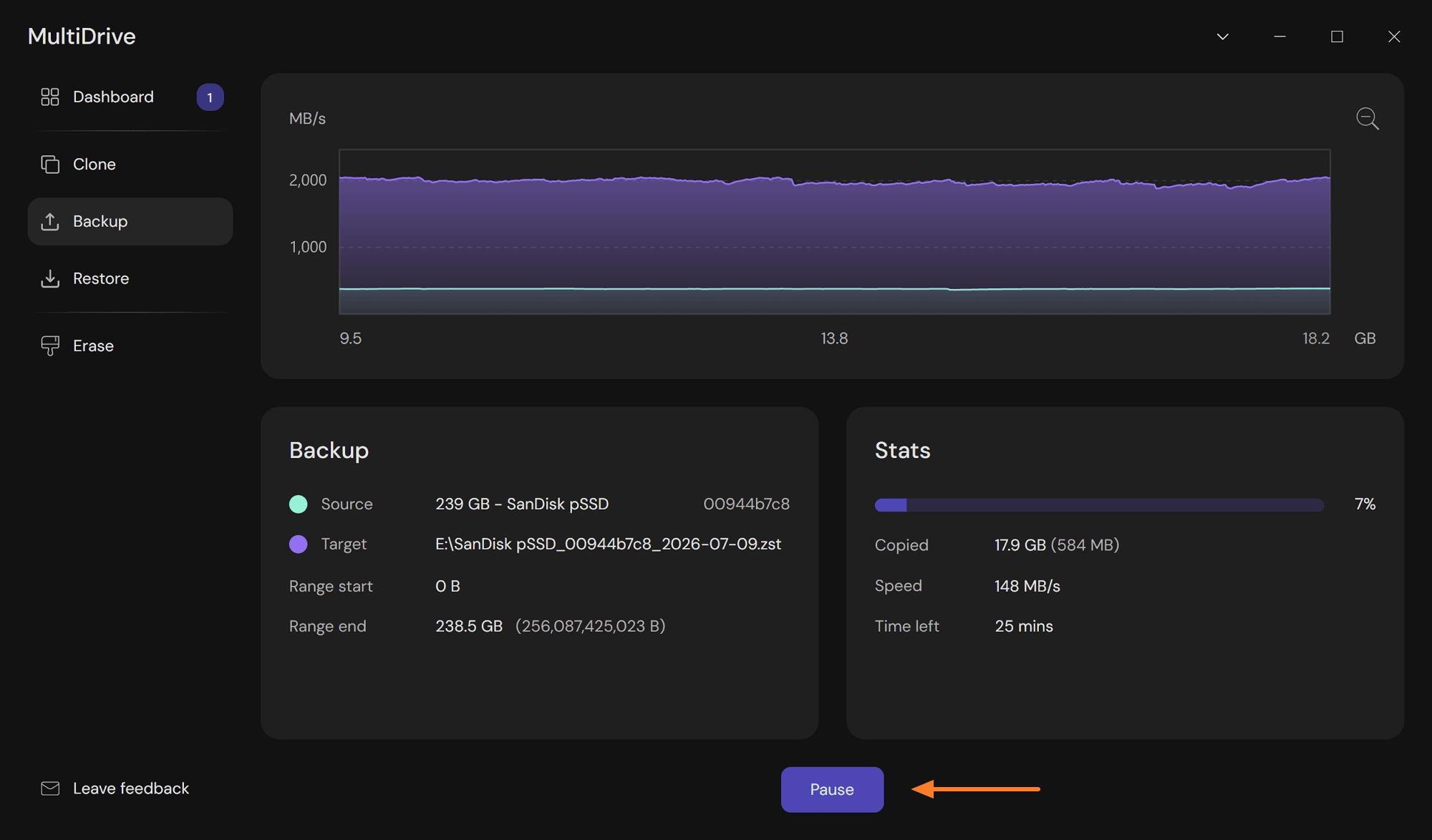 Pausing an in-progress secondary drive backup using the Pause button in MultiDrive