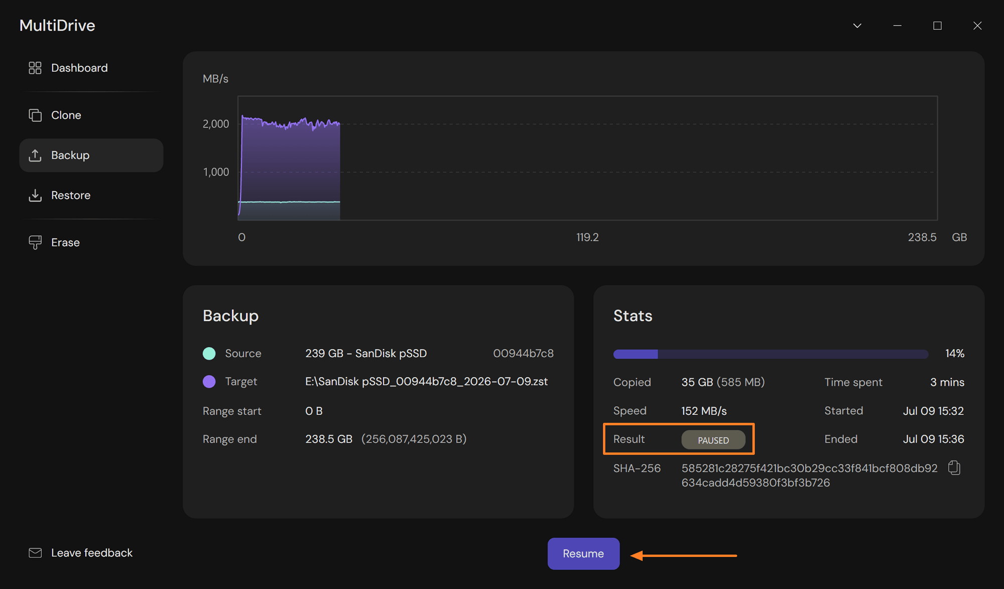 Resuming a paused secondary drive backup from the MultiDrive Dashboard
