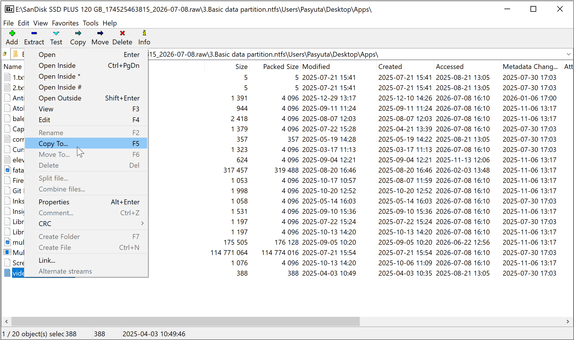 Choosing Copy To in 7-Zip to extract an individual file from a MultiDrive RAW backup