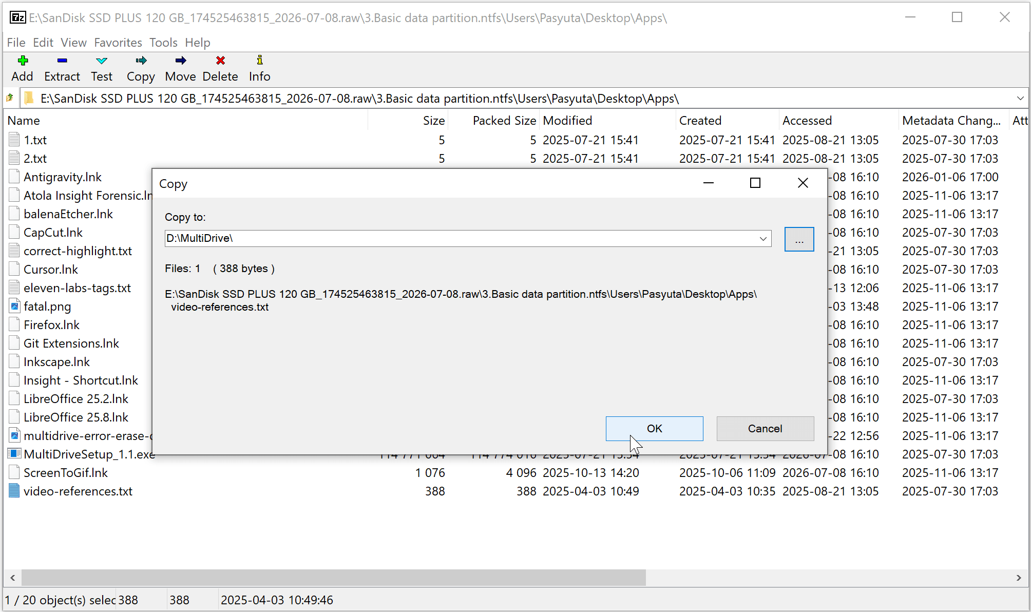 Selecting a destination folder in the 7-Zip Copy To dialog to restore a single file from a backup