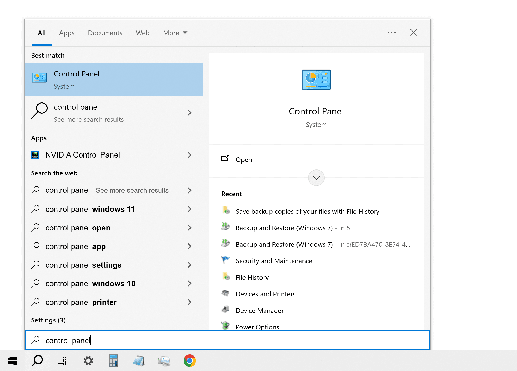 Opening Control Panel from the Windows Start Menu search bar to create a system image
