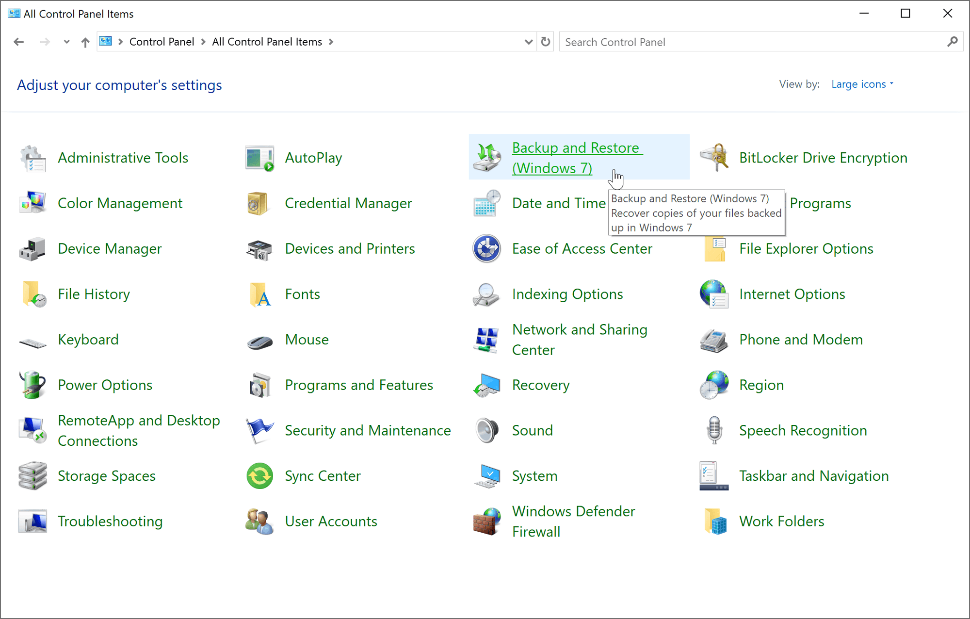 Opening Backup and Restore (Windows 7) in Control Panel to create a system image