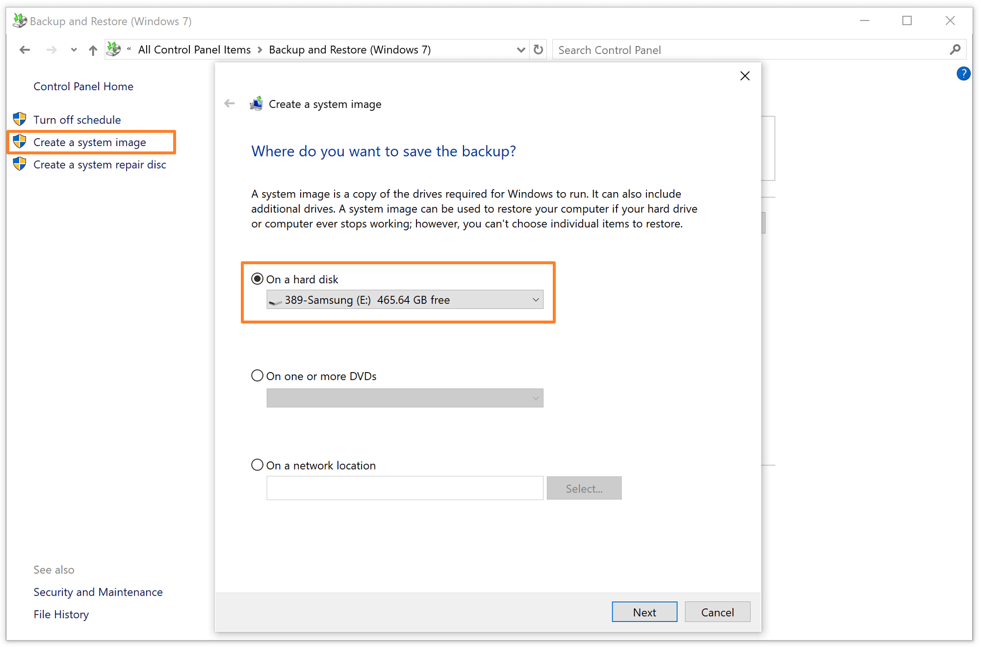 Choosing an external hard disk as the destination for a Windows system image backup