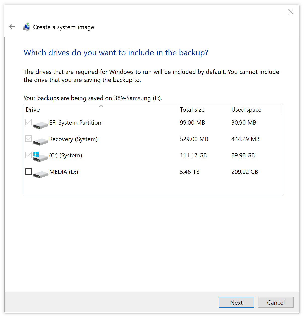 Reviewing which drives Windows System Image will include in the backup