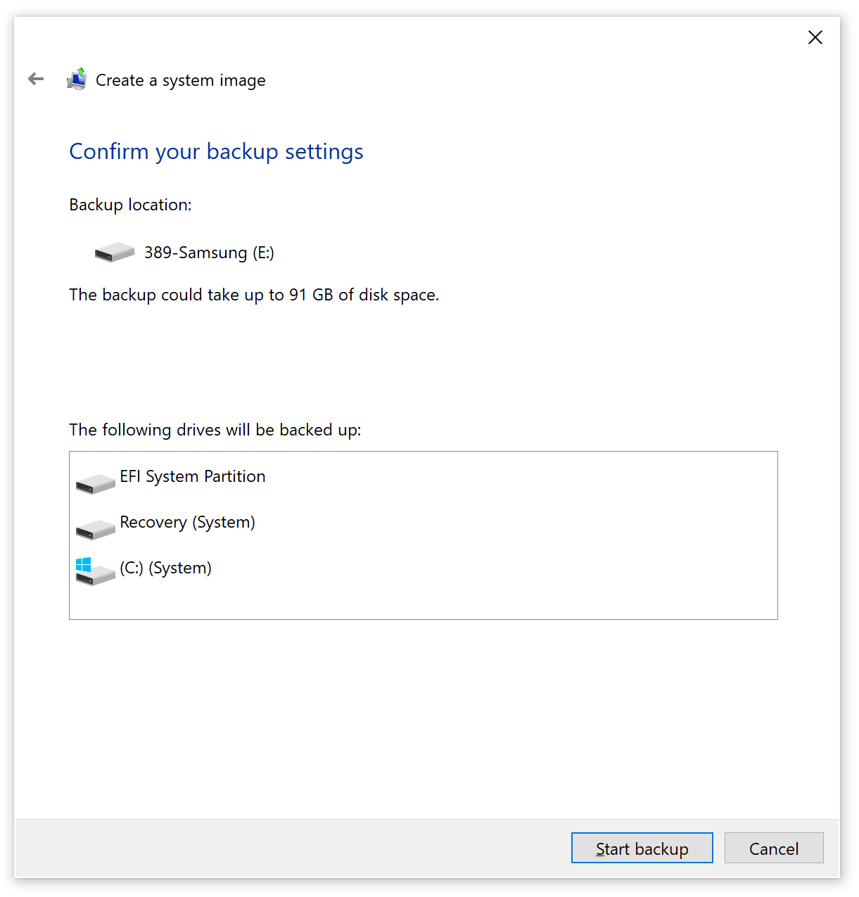 Confirming Windows System Image backup settings before clicking Start backup