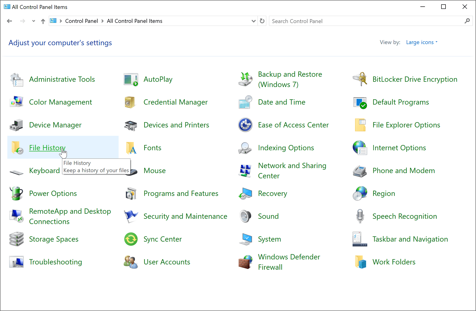 Opening File History in Control Panel to set up automatic file backups