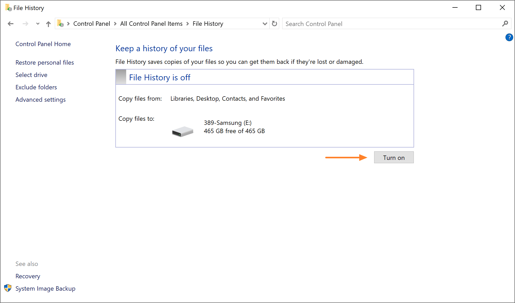Turning on Windows File History to start automatic backups to an external drive