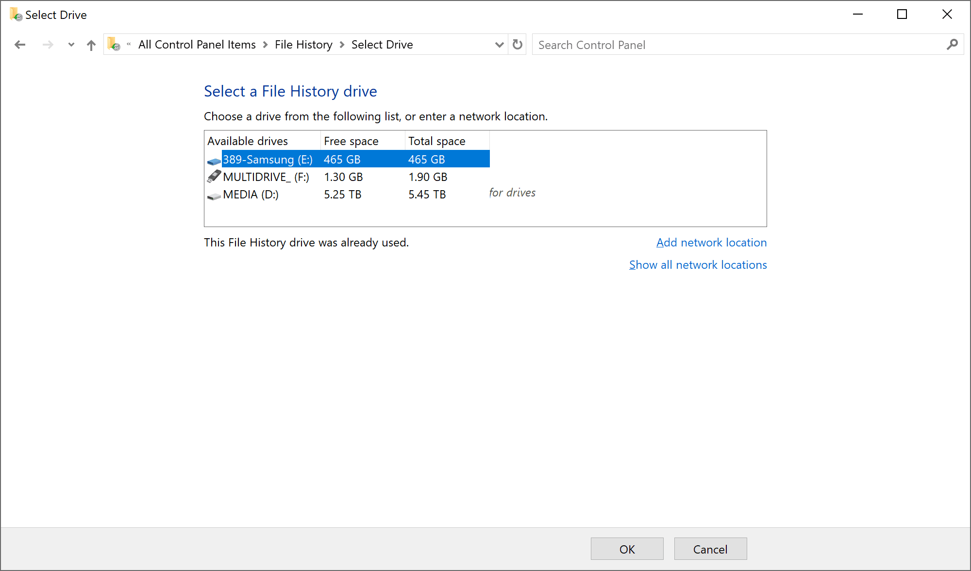 Selecting an external hard drive as the File History backup destination