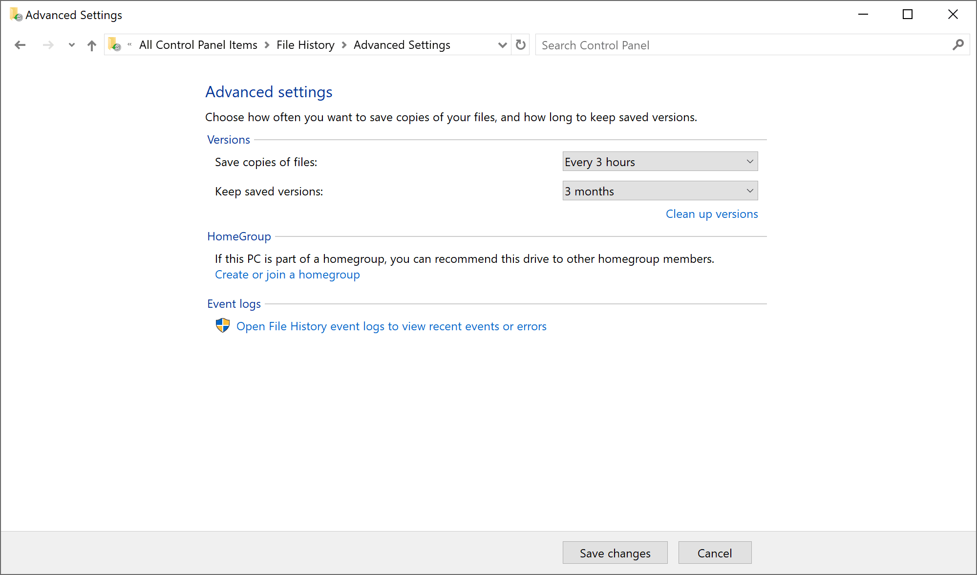 Setting File History backup frequency and how long to keep saved file versions
