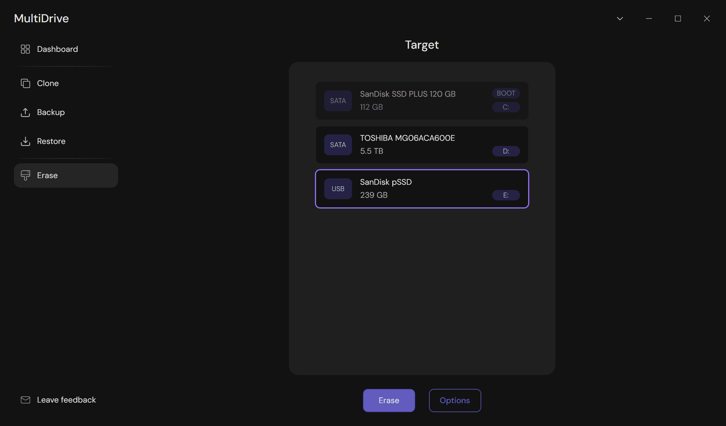 Erasing a USB drive start