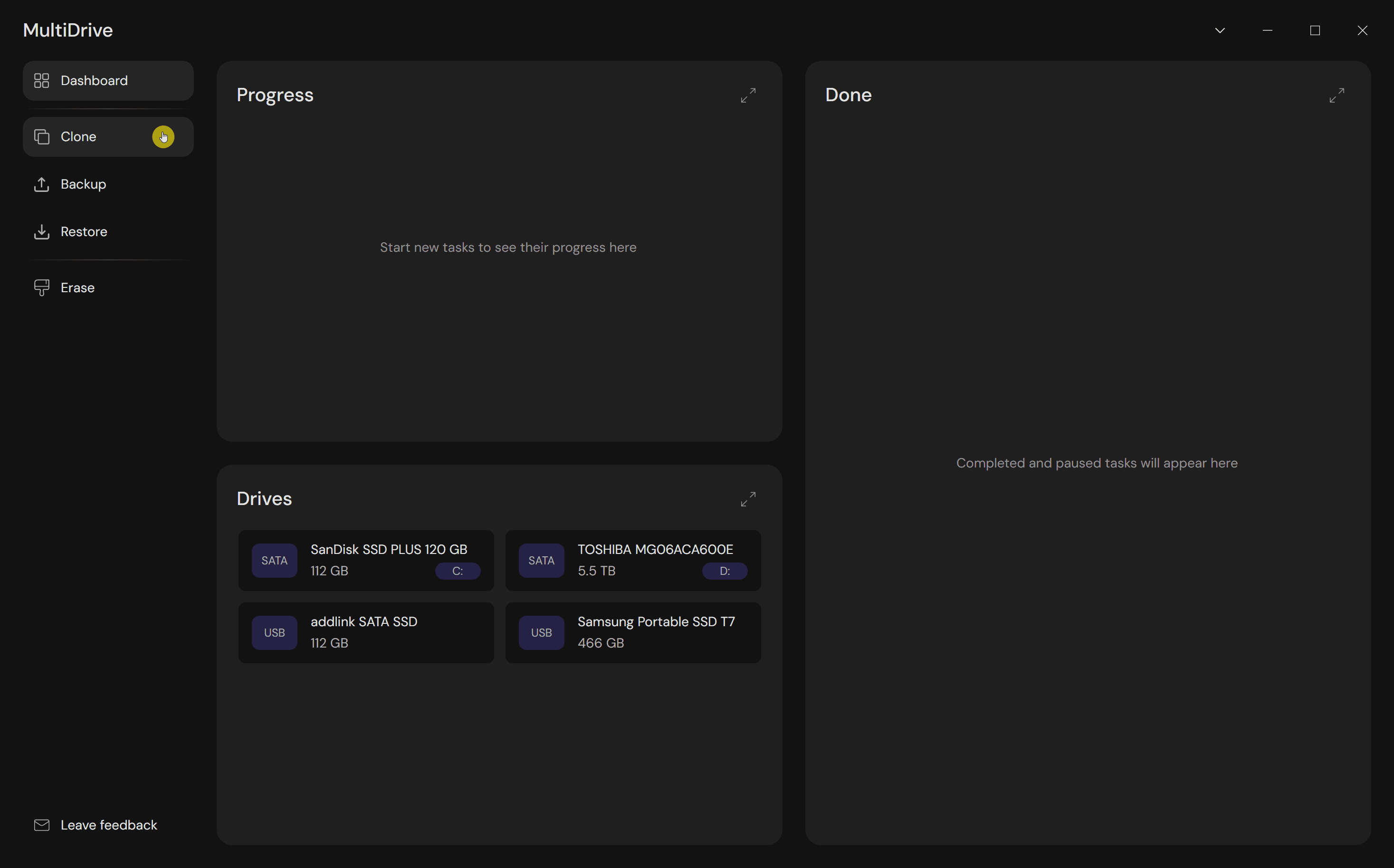 Select Clone feature in MultiDrive