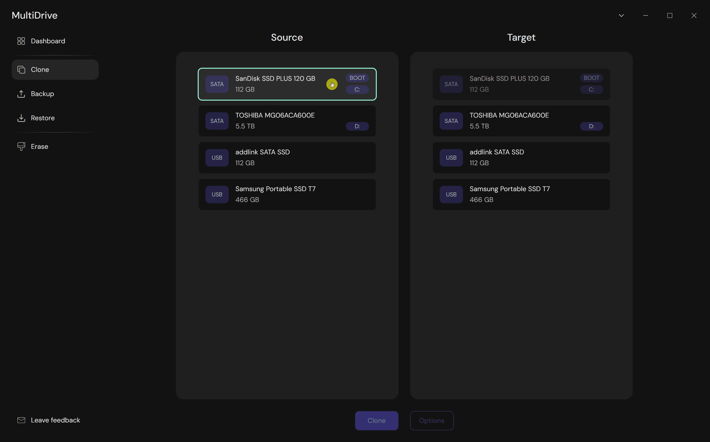 Select source SSD for cloning