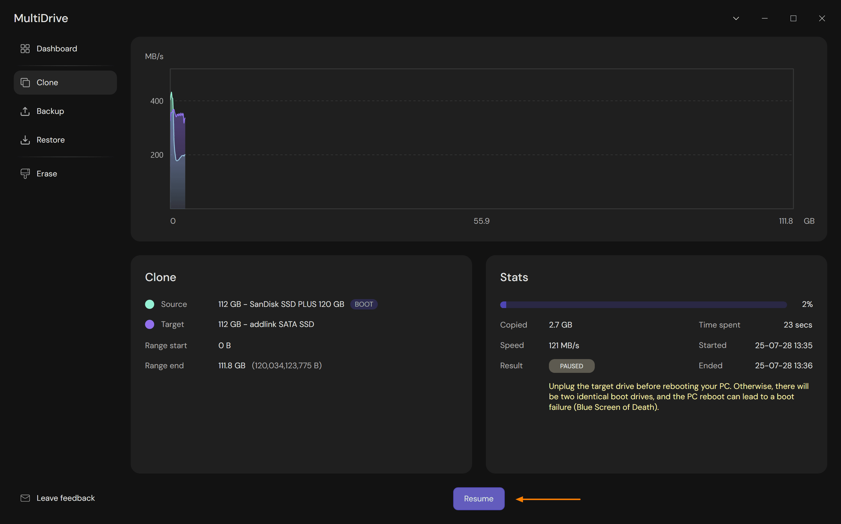 Resume SSD cloning process