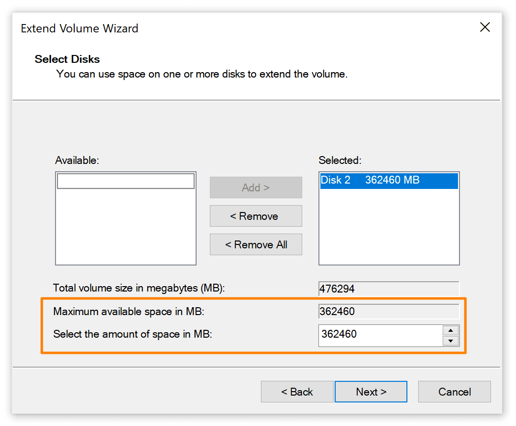 Select maximum available space