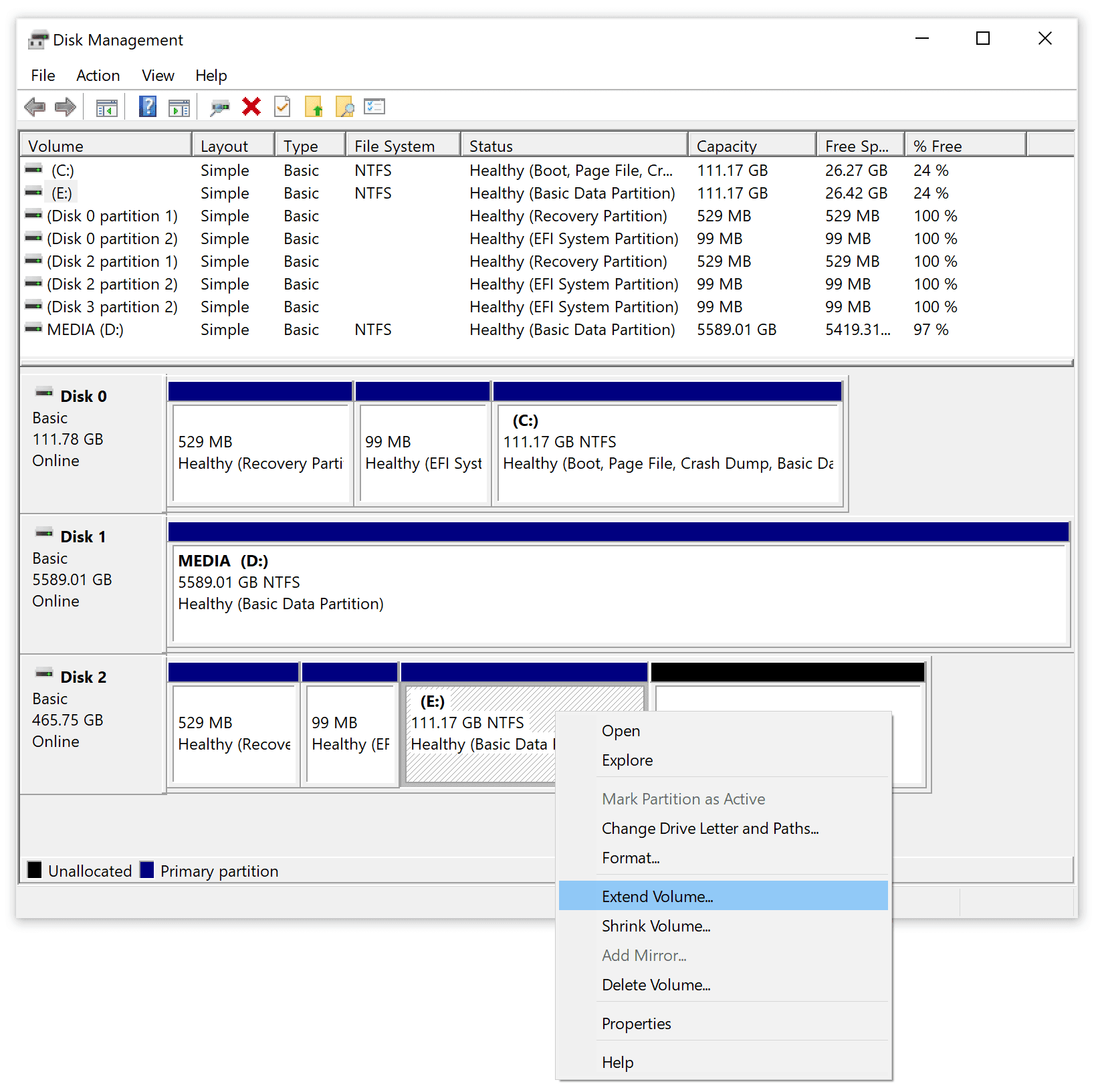 Extend volume in Disk Management