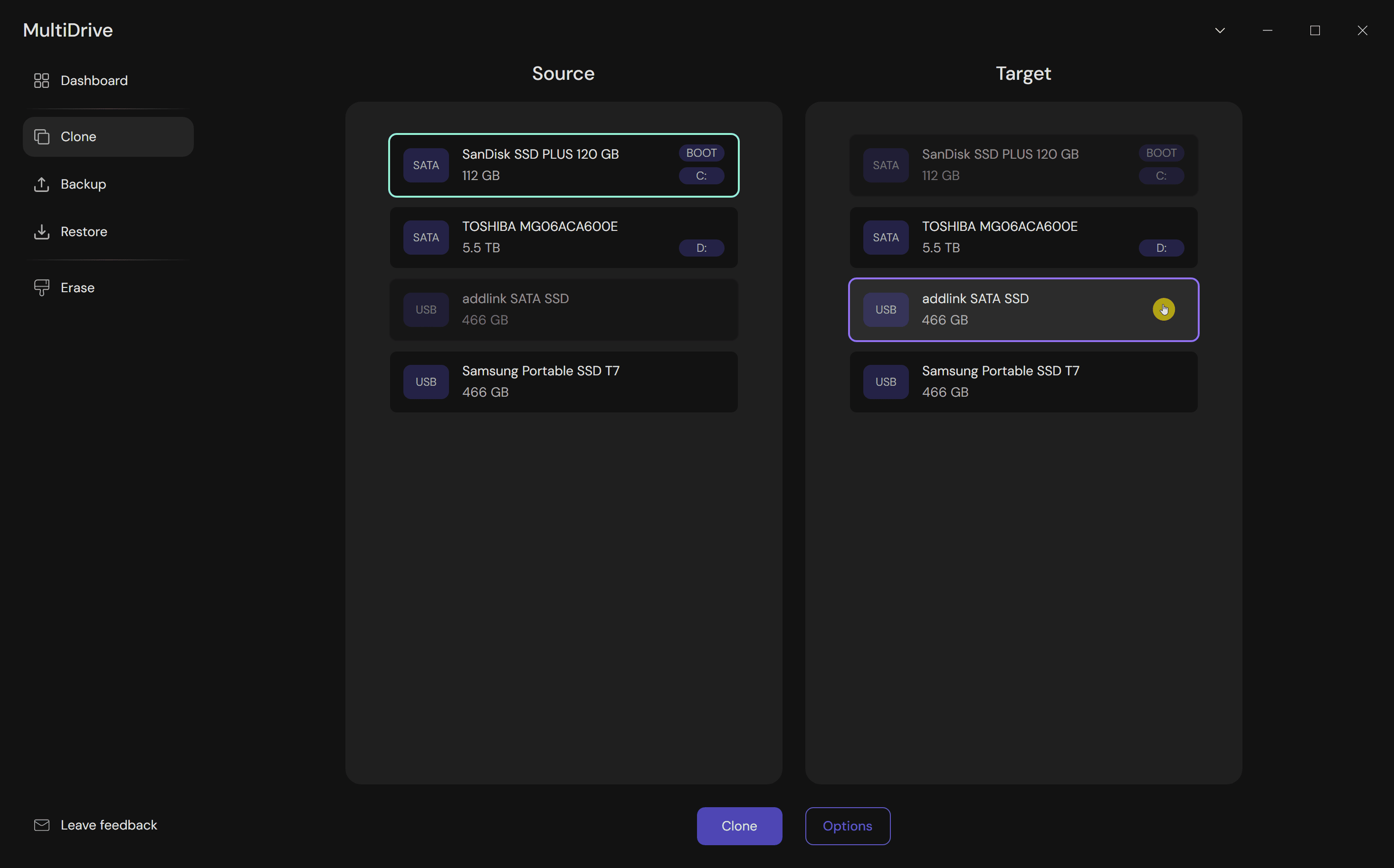 Multidrive - Selecting the Target drive