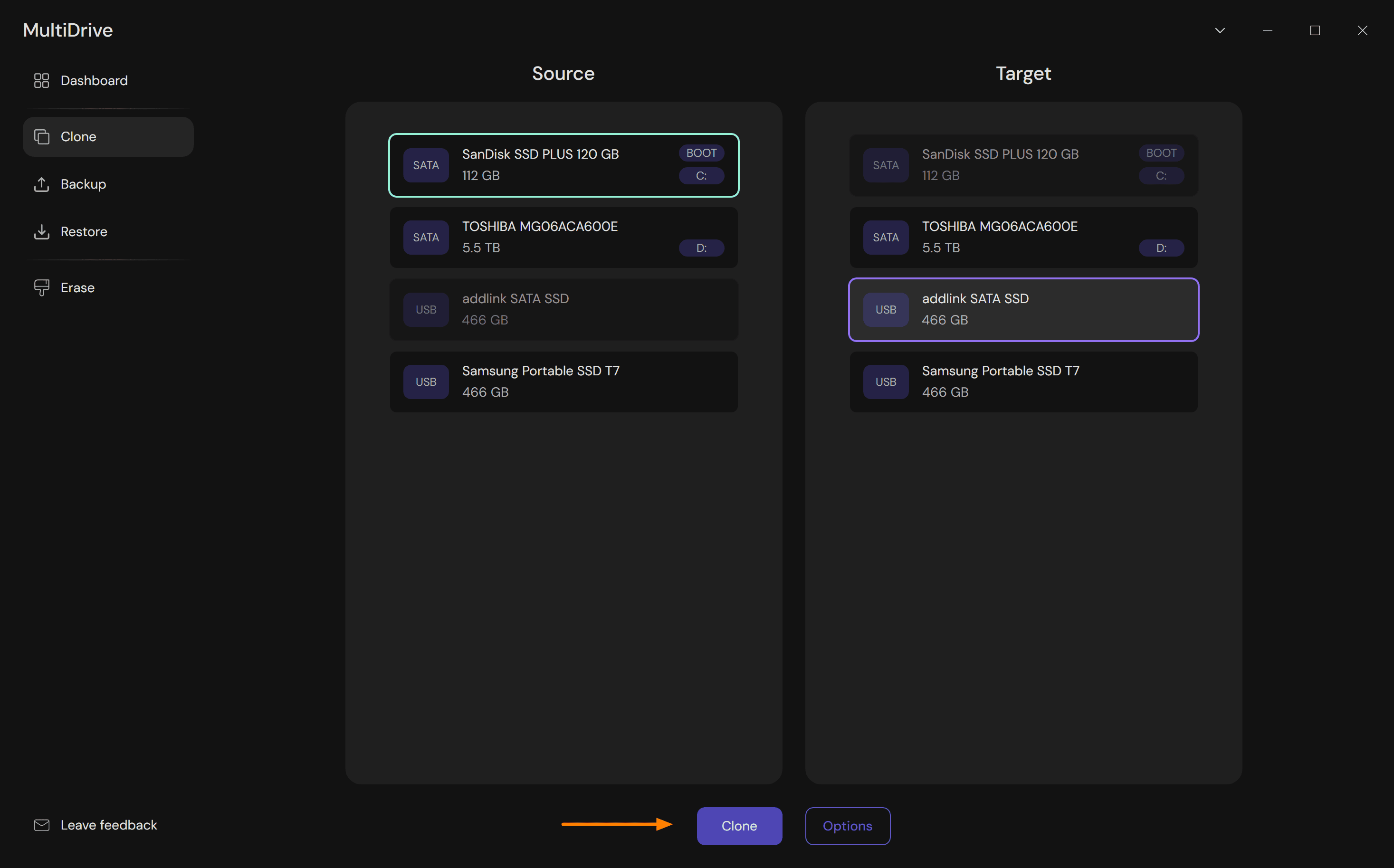 Multidrive - The Clone button