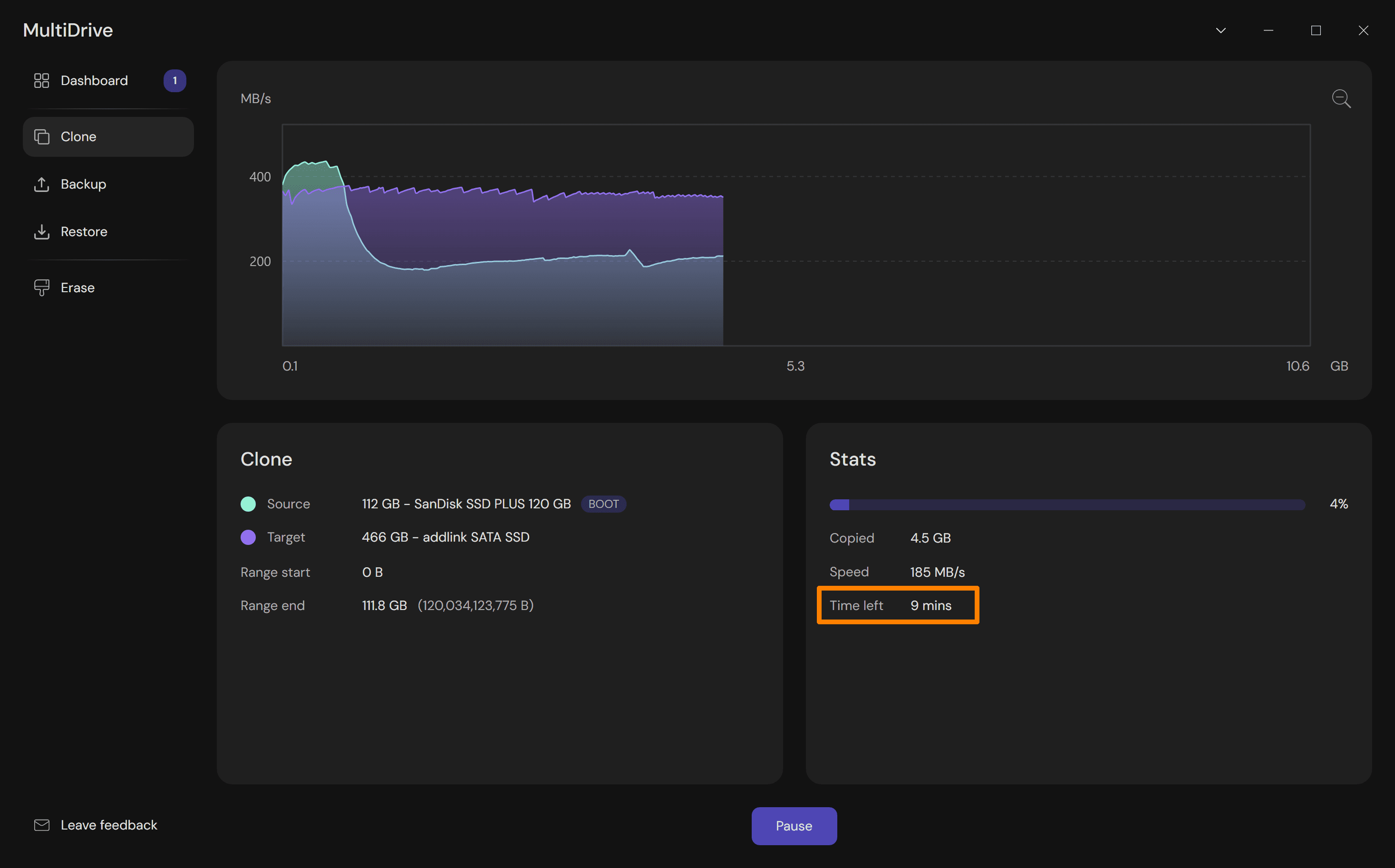 Multidrive - The Stats panel with time estimate