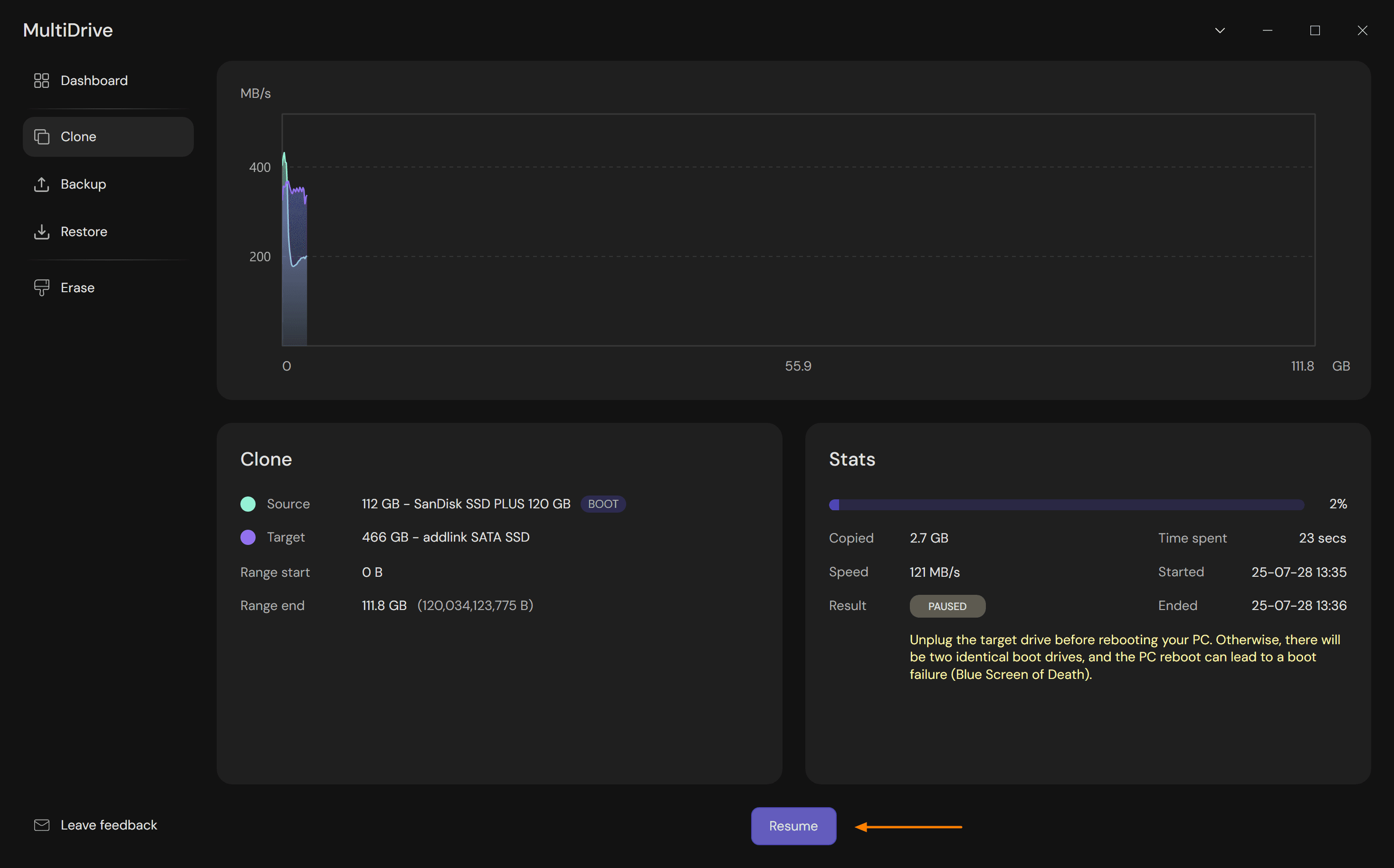 Multidrive - The Resume button