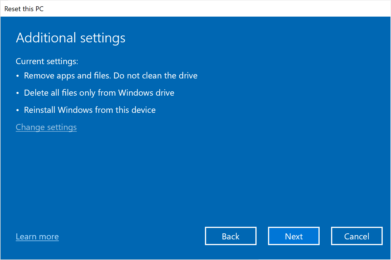 Windows Reset your PC - Change settings