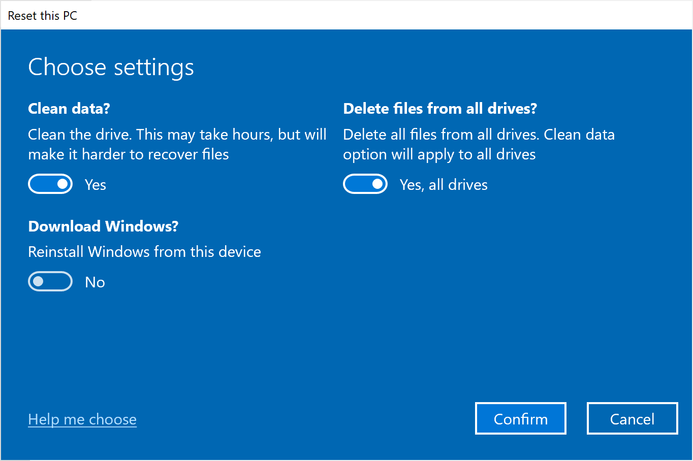 Windows Reset your PC - Clean all data settings