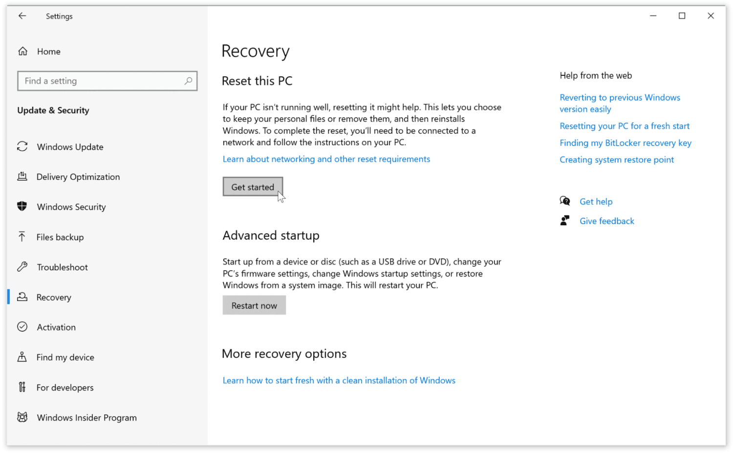 Windows Reset your PC interface