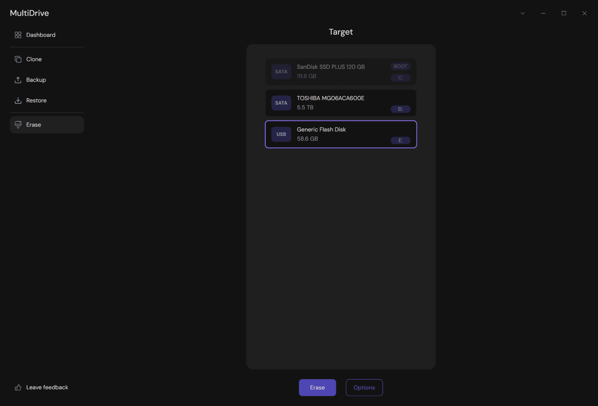 Multidrive - Erase drive for free in Windows 11
