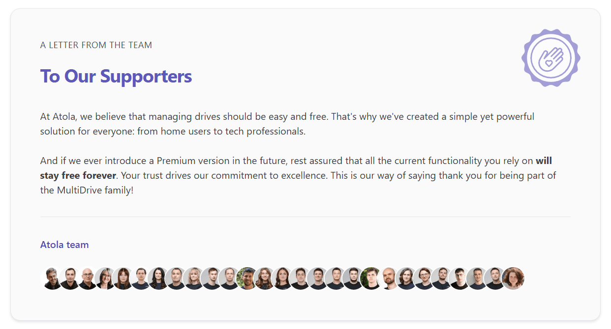 Atola team letter: MultiDrive will stay free forever
