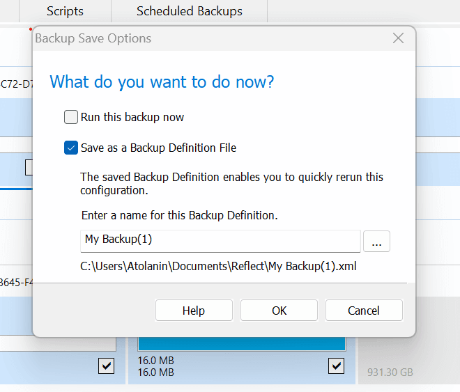 Macrium Reflect X Backup Save Options - save backup as XML definition file