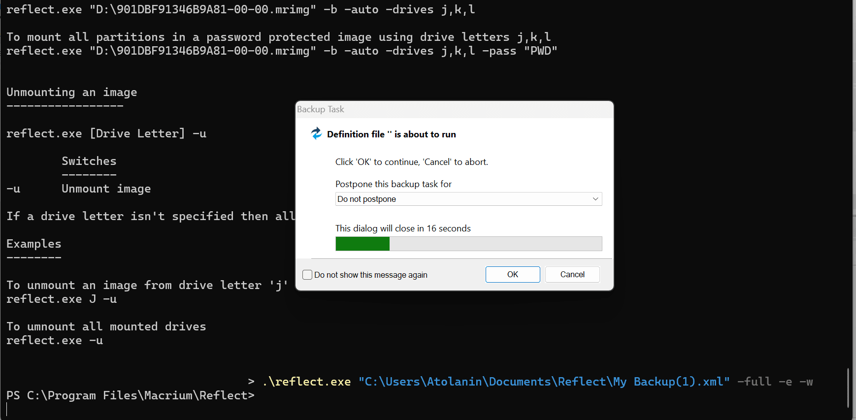 Macrium Reflect backup confirmation dialog when running backup via CLI