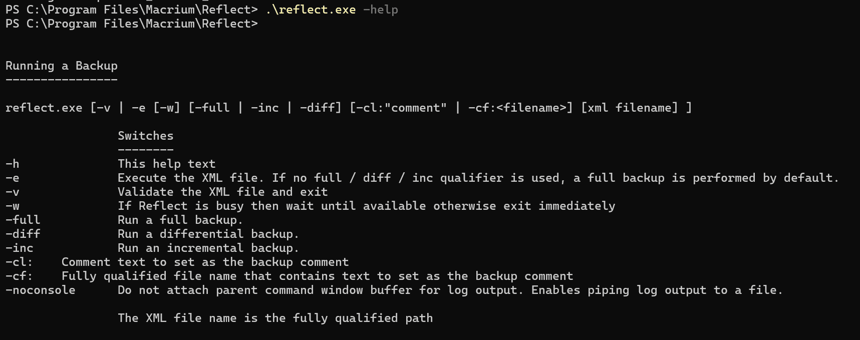 Macrium Reflect reflect.exe command-line help
