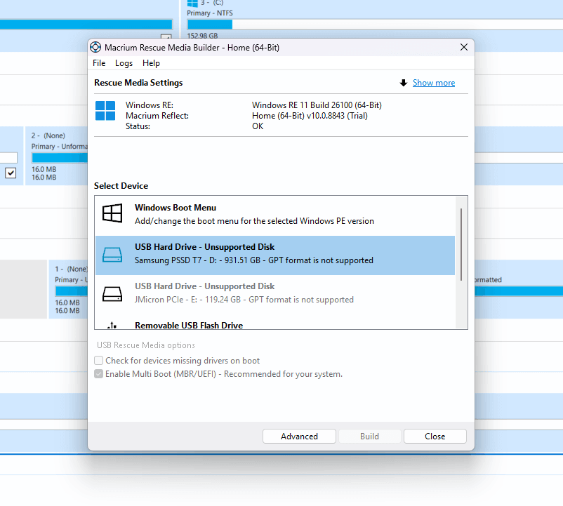 Macrium Rescue Media Builder - Unsupported Disk, GPT format is not supported