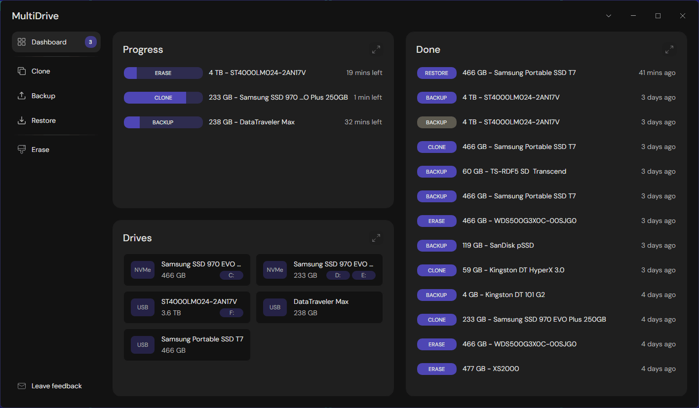 MultiDrive Dashboard with running tasks in parallel