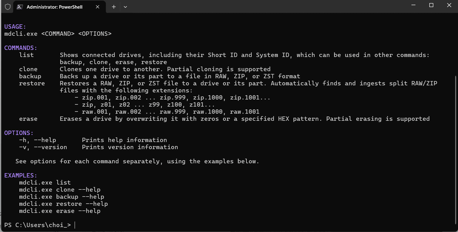 MultiDrive mdcli.exe command-line help