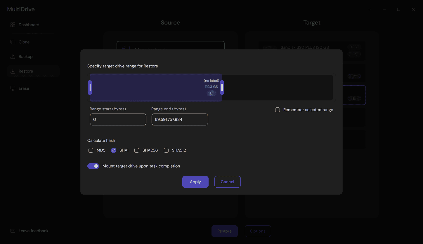 User interface of MultiDrive - free disk cloning software
