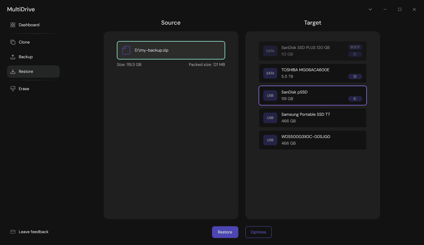 User interface of MultiDrive - free disk cloning software
