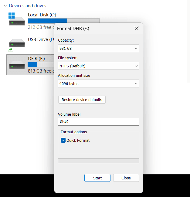 Windows Format dialog with Quick Format checked