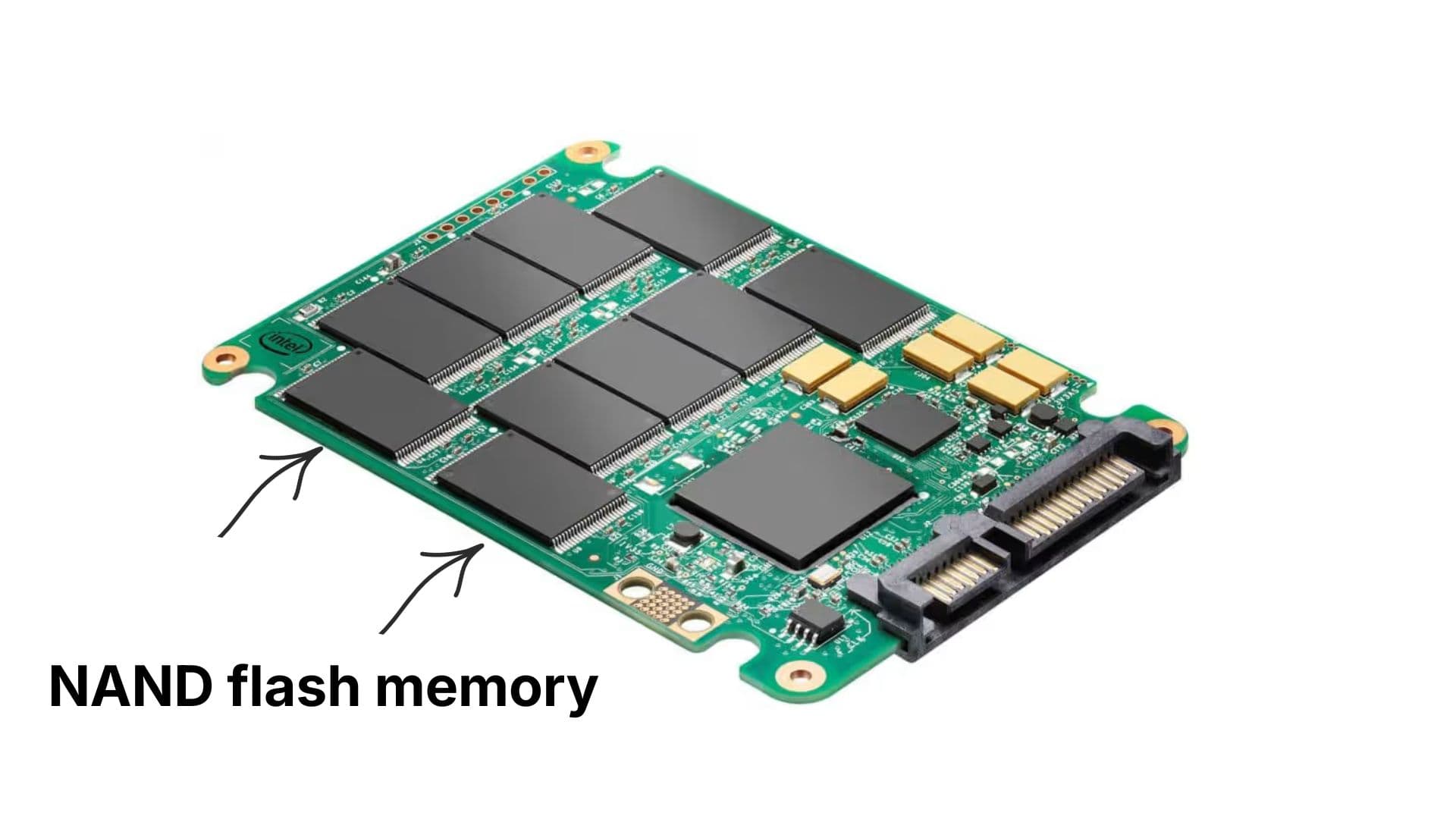 SSD circuit board with NAND flash memory labeled