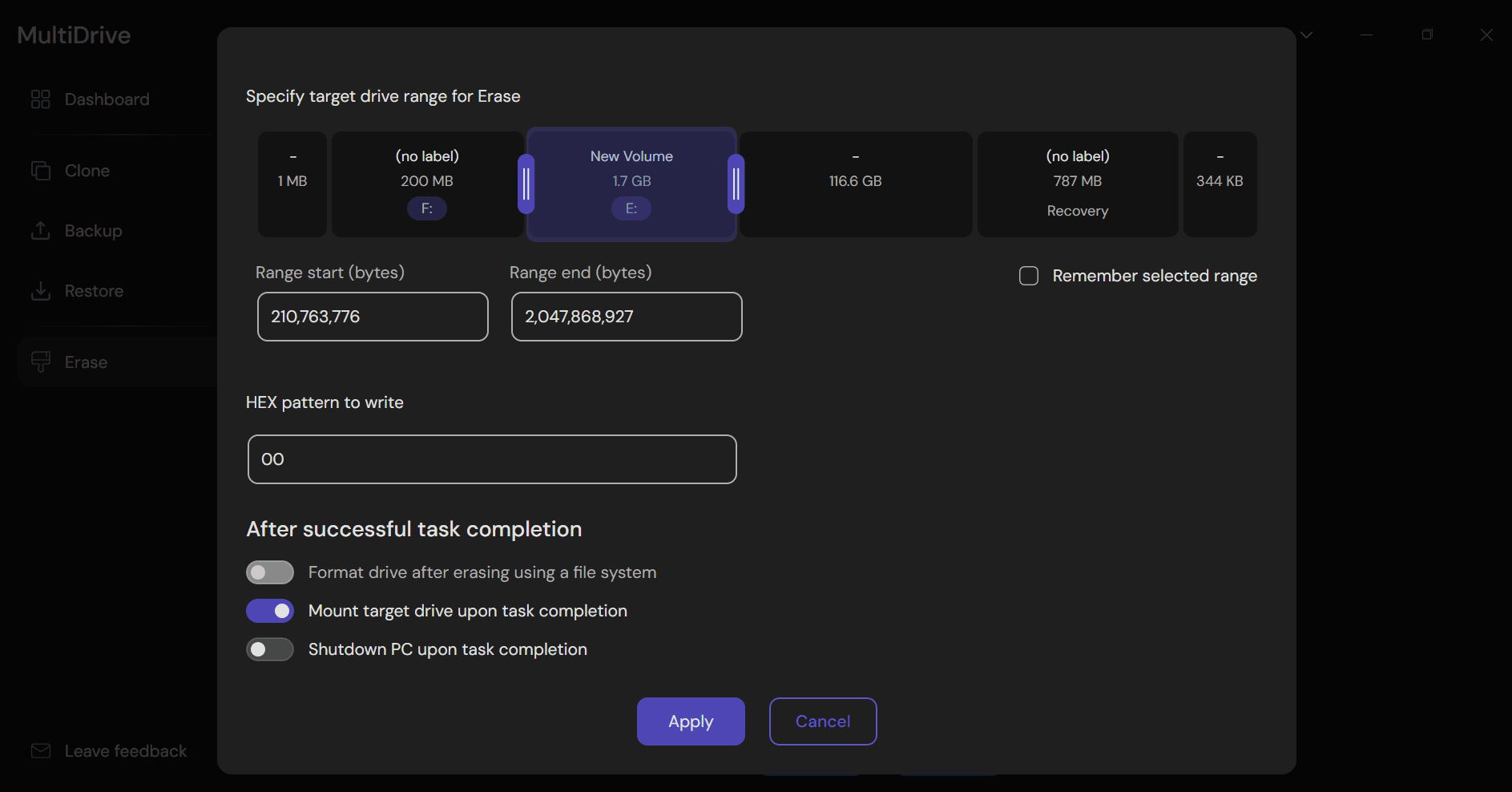 Partial drive erase options in MultiDrive