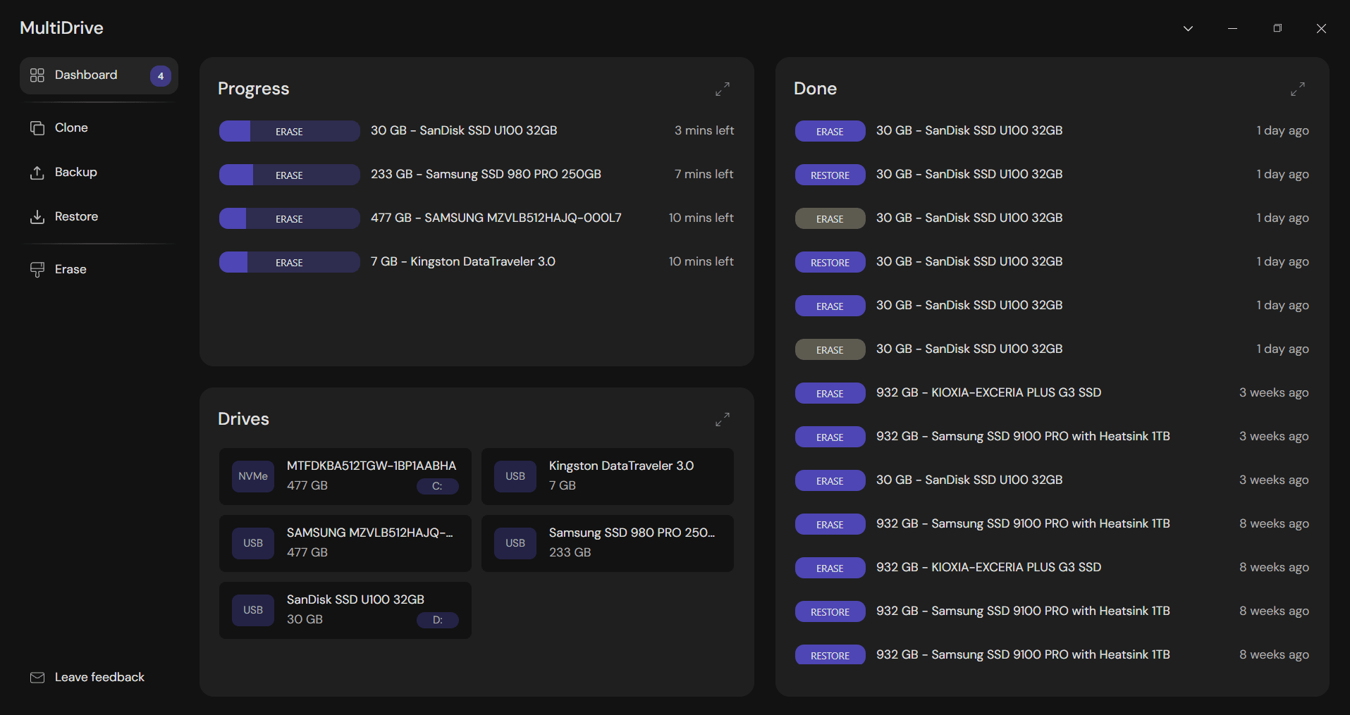 Erasing several drives in parallel on the MultiDrive Dashboard